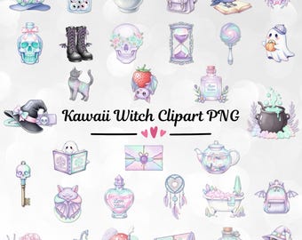 90 Kawaii Witch Clipart PNG Pastel Goth Bundle, Watercolor Magic Planner Stickers, Cute Celestial Moon Crystal, Commercial Use Scrapbooking