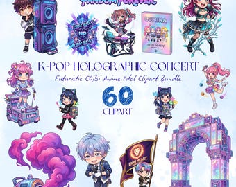 K-Pop Holographic Concert Clipart Bundle, Futuristic Chibi Anime Idol Vector Art, Kawaii Neon Stage Digital Download, Commercial Use Artwork