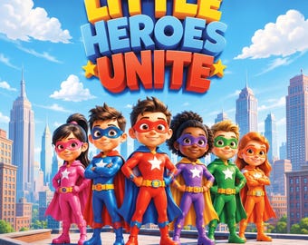 May include: A digital illustration titled Little Heroes Unite featuring six children dressed in colorful superhero costumes with capes and masks, standing on a rooftop against a city skyline with blue skies and white clouds.