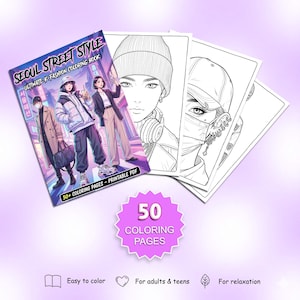 Może przedstawiać: Kolorowanka zatytułowana "Seoul Street Style" z ilustracjami mody K. Okładka zawiera kolorową ilustrację osób w stylowych strojach. Zawiera ponad 50 stron do kolorowania, plik PDF do wydruku.