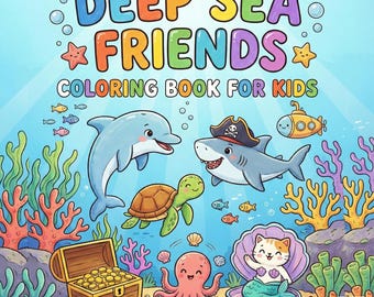 Könnte beinhalten: Ein Malbuch-Cover mit dem Titel Deep Sea Friends Coloring Book for Kids, das einen blauen Delfin, einen Hai mit Piratenhut, eine grüne Meeresschildkröte, einen rosa Oktopus und eine Katzen-Meerjungfrau in einer Muschel sowie eine Schatztruhe zeigt.