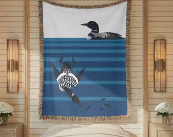 Cozy Loon Cabin Woven Throw Blanket, Nature Lovers, Bird, Cabin or Lake Home Decor, Grandpa Cabin decor, Grandfather, Christmas Holiday Gift