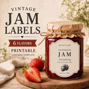 May include: A glass jar of strawberry jam with a brown paper lid cover tied with twine. The label reads: BRAND NAME, HANDMADE JAM, Strawberry, MADE WITH REAL FRUIT, Net wt. 500g. Text above reads: VINTAGE JAM LABELS, 6 FLAVORS, PRINTABLE, EDIBLE TEMPLATE.