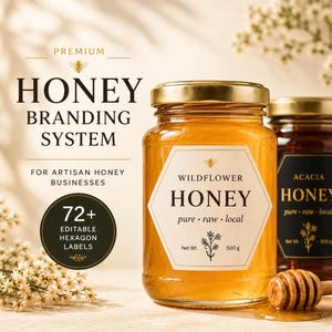 May include: Two glass jars of honey with gold lids and labels. One jar is labeled "Wildflower Honey" and the other "Acacia Honey". The image also includes a honey dipper and text that reads "Honey Branding System".
