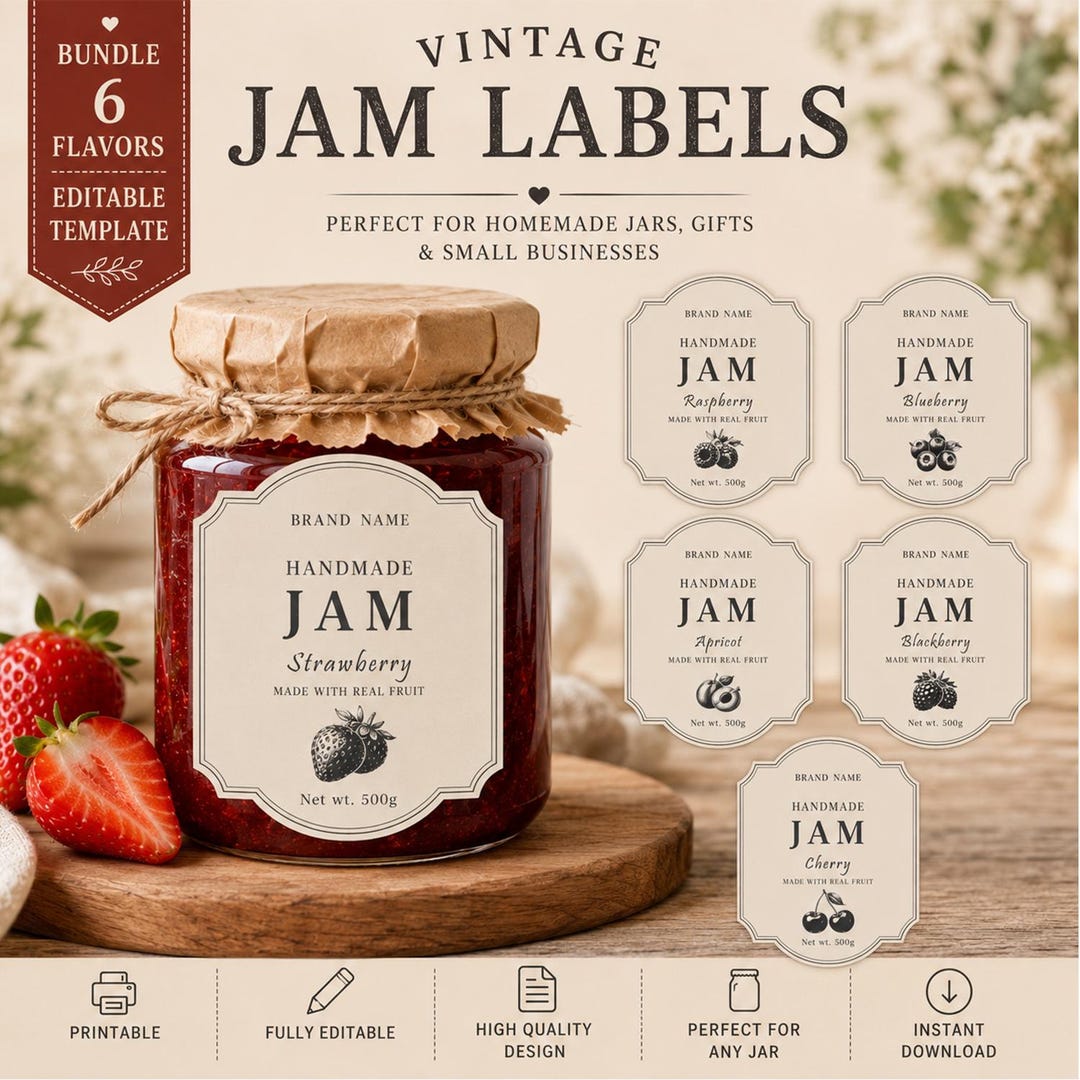 Jam Labels Neon Editable Vintage Jam Labels | Rustic Mason Jar Stickers (digital ...