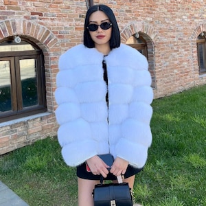 White Fox Fur Jacket For Women | %100 Real Fox Fur | White zip-up Fox Fur Jacket | Elegant Luxury Fox Fur Jacket