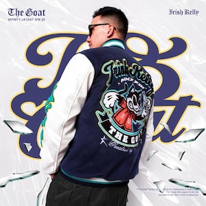 Embroidered Polar Fleece Varsity Jacket: Faux Leather Cartoon Bomber