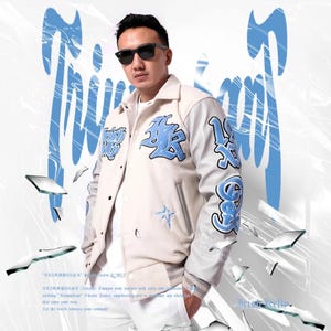 Embroidered Polar Fleece Varsity Jacket: Faux Leather Cartoon Bomber