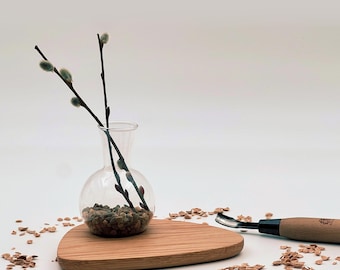 Handcrafted Oak Wood Base with Glass Bud Vase & Pebbles