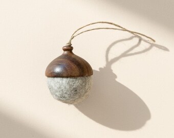 Hand Turned Walnut Acorn Ornament | Marbled Beige Wool Felt, Australian Made