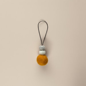 May include: A felt pendant necklace with three stacked felt balls in mustard yellow, light green, and grey. The necklace has a black cord loop. The background is a solid, neutral colour.