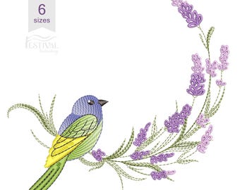 Bird and Lavender Wreath Embroidery Design | Floral Art (Instant Download)