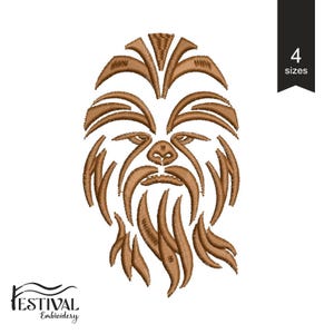 May include: Brown line art embroidery design of a Chewbacca face. The design is available in four sizes.