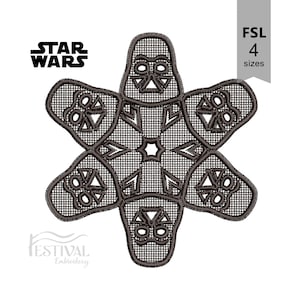 May include: A black and white embroidery design of a Star Wars Darth Vader character in a snowflake pattern. The design is available in four sizes. The text "STAR WARS" is at the top of the image.