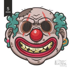 May include: Embroidered clown face with a red nose, red lips, and yellow teeth. The clown has teal hair and a stitched-up head. The image includes the text "5 sizes" and the Festival Embroidery logo.