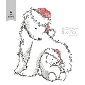 May include: An embroidered design of a mother polar bear and cub, both wearing red Santa hats. The design is in white and black thread, with the text "5 sizes" in the upper left corner. The Festival Embroidery logo is in the upper right.