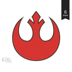 May include: Red and black Rebel Alliance symbol, also known as the Star Wars Rebellion logo. The symbol is a stylized bird with wings outstretched.