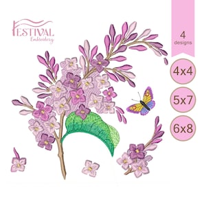 Puede incluir: Diseño bordado de una rama de flor de lila con una mariposa. El diseño está disponible en cuatro tamaños: 4x4, 5x7 y 6x8 pulgadas.