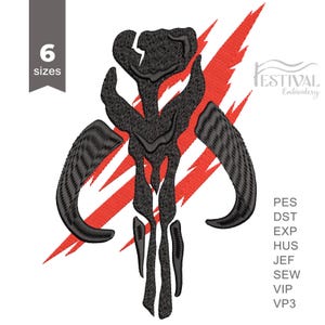 May include: An embroidery design featuring a black stylized helmet icon centered over a red jagged slash pattern. The image includes the text 6 sizes, Festival Embroidery, and a list of file formats including PES, DST, EXP, HUS, JEF, SEW, VIP, and VP3.