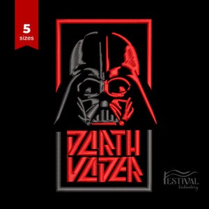 May include: Embroidered design featuring Darth Vader's helmet, split into red and gray halves, within a red square. The name "Darth Vader" is in red, stylized text below. The image includes the text "5 sizes" in a red banner.