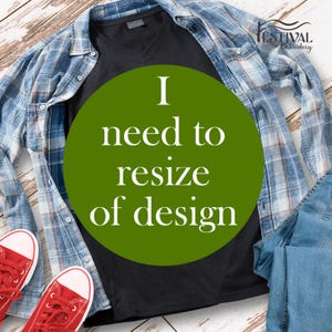 May include: A casual outfit featuring a black V-neck t-shirt, a blue plaid shirt, and blue jeans. Red canvas sneakers are at the bottom. A green circle with white text that reads "I need to resize of design" is in the center.