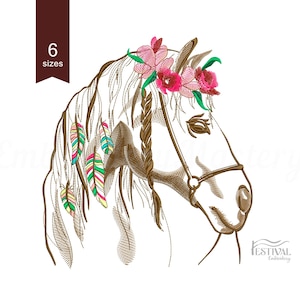 Horse Machine Embroidery designs. Boho horse decorated with a flower wreath and feathers. 6 sizes