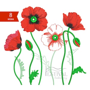 Poppy flowers machine embroidery design. Instant download. 9 sizes