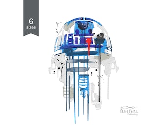 R2D2 estilo acuarela. Diseño de bordado a máquina de Star Wars. 6 tamaños. Descarga instantánea.