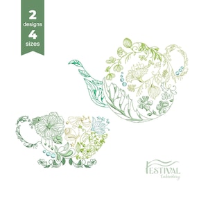 Diseño de bordado para decoración de cocina: Juego de té de hierbas. Bordado floral (Descarga instantánea - 4 tamaños)