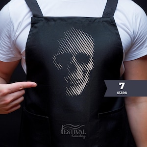 May include: Black apron with a white skull design made of parallel lines. The apron has two pockets and adjustable straps. The text "7 sizes" is displayed on a dark blue banner. The logo "Festival Embroidery" is at the bottom.