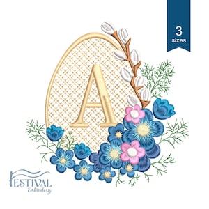 Diseño de bordado de huevo de Pascua con monograma de la letra A / Flores de primavera / Decoración de Pascua personalizada / Descarga instantánea. 3 tamaños