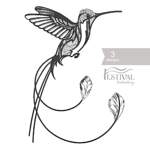 May include: Black and white embroidery design of a hummingbird with a long, curved tail. The design includes 3 different elements: the hummingbird, a single feather, and a pair of feathers. The design is labeled "3 designs" and "Festival Embroidery".