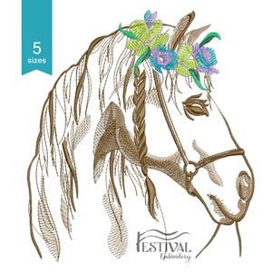 Boho Horse with Wildflower Wreath - Digitized Embroidery Files for Instant Download. 5 sizes