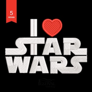 May include: White embroidered design on a black background that says "I love Star Wars" with a red heart in the middle of the "I".