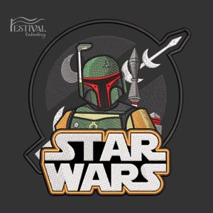 May include: Embroidered patch featuring Boba Fett from Star Wars. The patch shows Boba Fett's helmet in green and red, with the Star Wars logo in white and orange. The patch is on a black background.