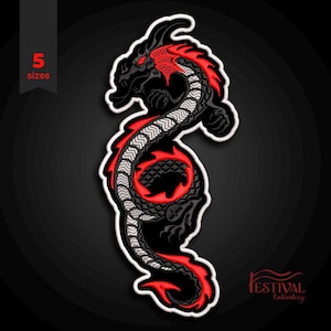 May include: Embroidered patch featuring a black dragon with red accents and a white border. The dragon has red eyes and a detailed scale pattern. The patch is labeled with "5 sizes" and the Festival Embroidery logo.