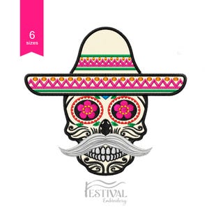 May include: Embroidered design of a sugar skull wearing a sombrero. The skull has pink flowers for eyes and a white mustache. The sombrero is decorated with green, pink, orange, and white trim.