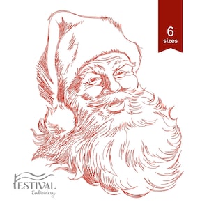Pode incluir: Desenho bordado a vermelho do rosto do Pai Natal, com barba longa e gorro. A imagem inclui o texto "6 tamanhos" e "Festival Embroidery". Este esboço detalhado é ideal para artesanato e bordados natalinos.