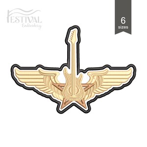 May include: Embroidered patch with a gold guitar, wings, and a star. The patch is outlined in black.