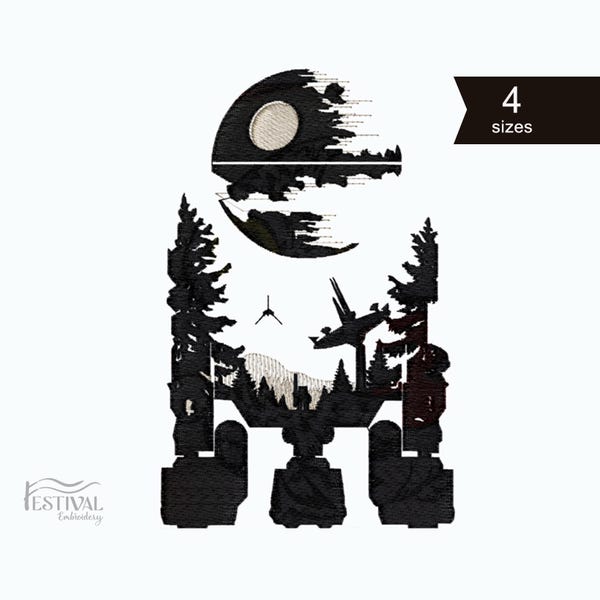Desenhos de bordado modernos do R2-D2. Bordado digitalizado de Star Wars. 4 tamanhos. Download instantâneo.