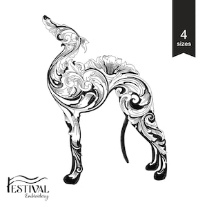 May include: Black and white line art illustration of a stylized dog with intricate floral details. The dog is standing on all four legs with its head tilted up. The image is labeled "Festival Embroidery" at the bottom.