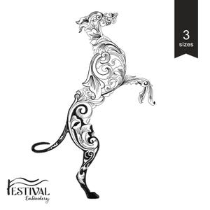 May include: Black and white line art illustration of a stylized dog with floral details. The dog is standing on its hind legs with its front paws raised. The image is available in three sizes.