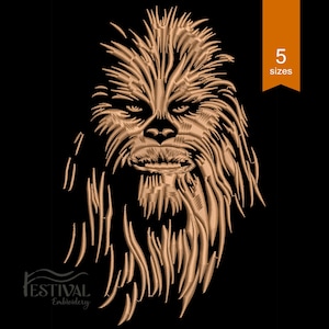May include: Embroidered design of Chewbacca, a fictional character from Star Wars, with a brown fur and a serious expression. The design is available in five sizes.