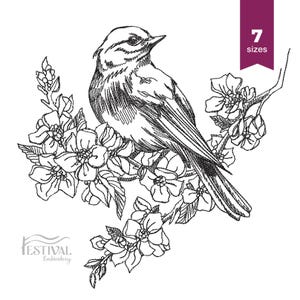 May include: A black and white line drawing of a bird sitting on a branch with flowers. The image includes the text "7 sizes" in a purple banner. The logo "FESTIVAL Embroidery" is in the lower left corner.