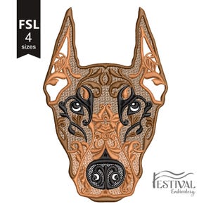 May include: Embroidered design of a Doberman Pinscher dog's head with intricate floral patterns in brown and black.