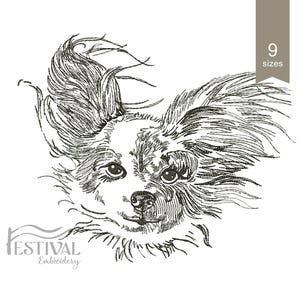 May include: Black and white line art illustration of a Papillon dog with its ears flowing in the wind. The dog is looking directly at the viewer.