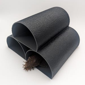 May include: A black, textured reptile habitat with three chambers. A small, brown reptile with a spiky head is visible inside one of the chambers. The habitat is made of a dark, matte material.