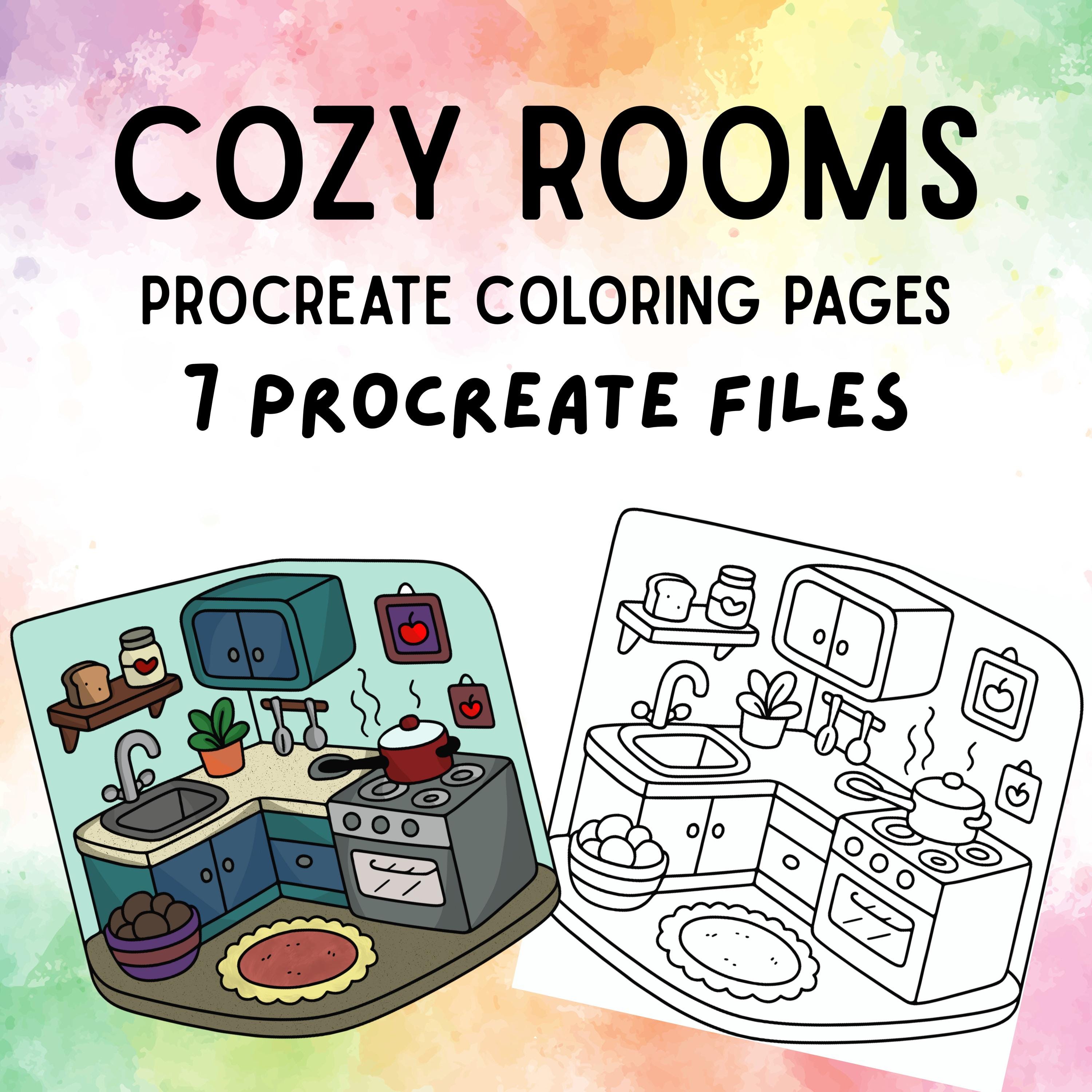 Cozy Rooms Páginas para Colorear en Procreate – Libro de Coloreo Digital para iPad, Libro 1