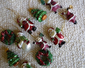 Lot of 12 Mini Glass Resin Christmas Tree Ornaments Collectible Santas Snowmen Wreaths Christmas Trees