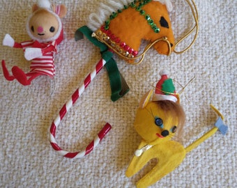 3 Vintage Fabric Christmas Ornaments Collectible Hobbie Horse Mouse Cat